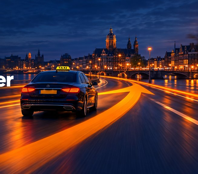 Taxi rijdt 's avonds door de stad